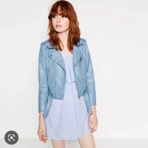 Zara sky blue faux leather cropped jacket